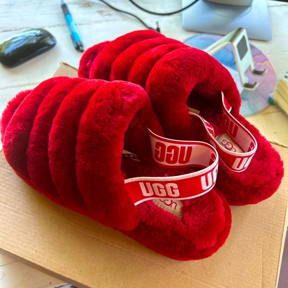red fluff Ugg slides , - Picture 1 of 3